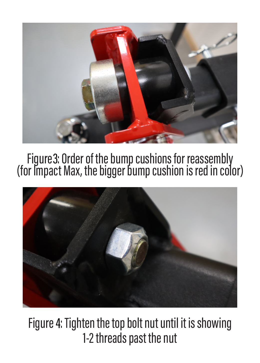 Impact™ cushion receiver hitch: bump cushion assembly order and correct nut position