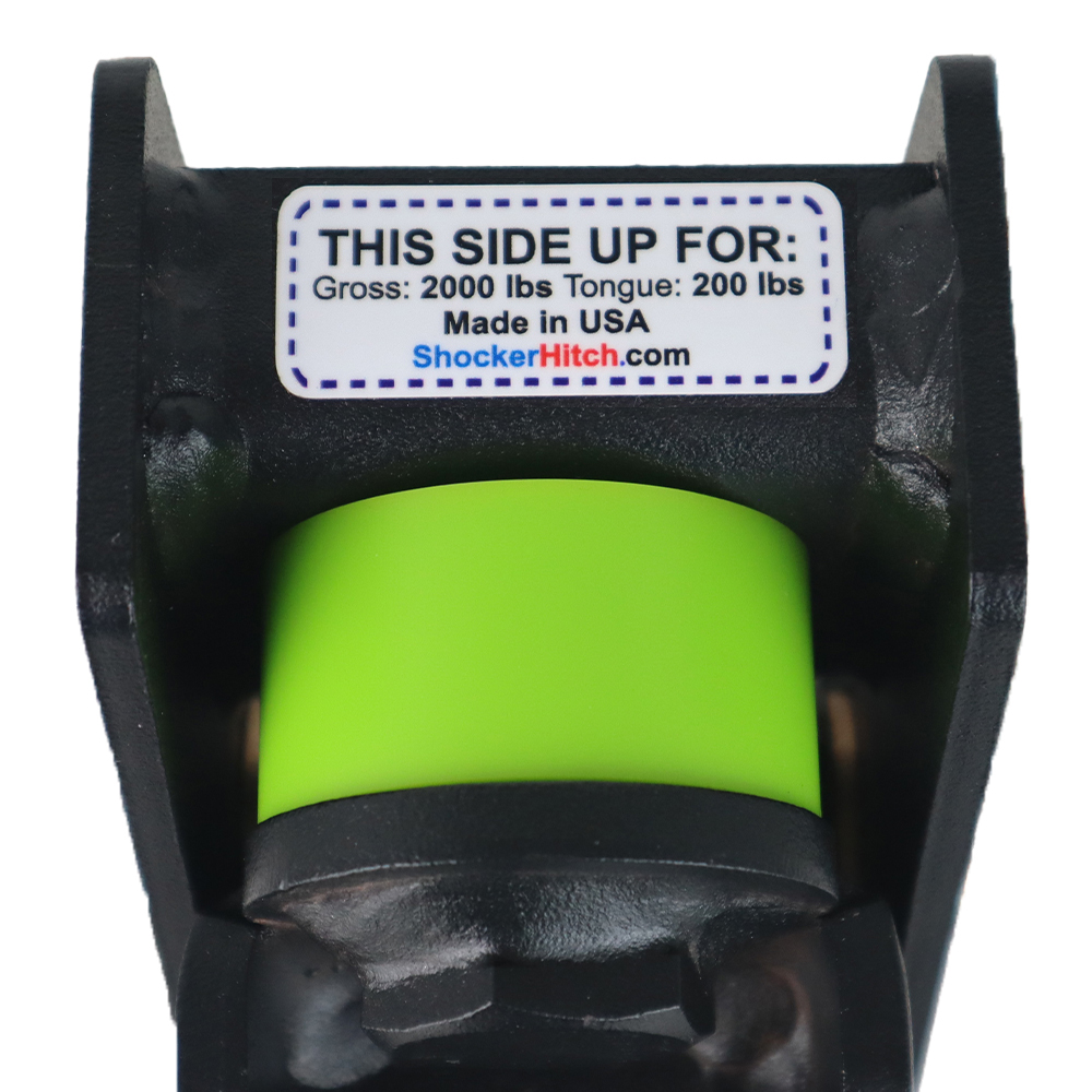 Mini Shocker cushion hitch: Green 90A cushion on top; orange 80A cushion on the bottom - 2,000 lb GTW / 200 lb TW.