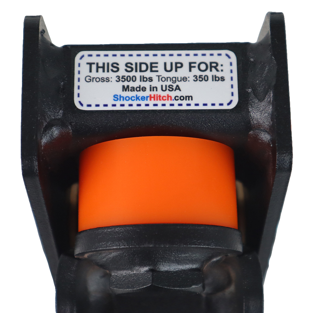 Mini Shocker cushion hitch: Orange 80A cushion on top; green 90A cushion on the bottom - 3,500 lb GTW / 350 lb TW.
