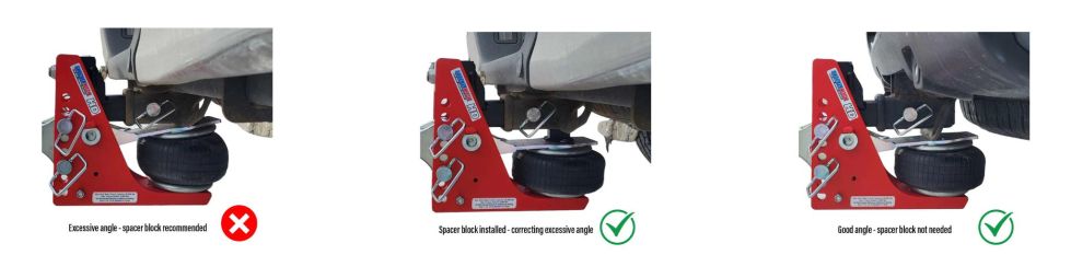 Air receiver hitch spacer-block diagram comparing paddle angles and spacer placement